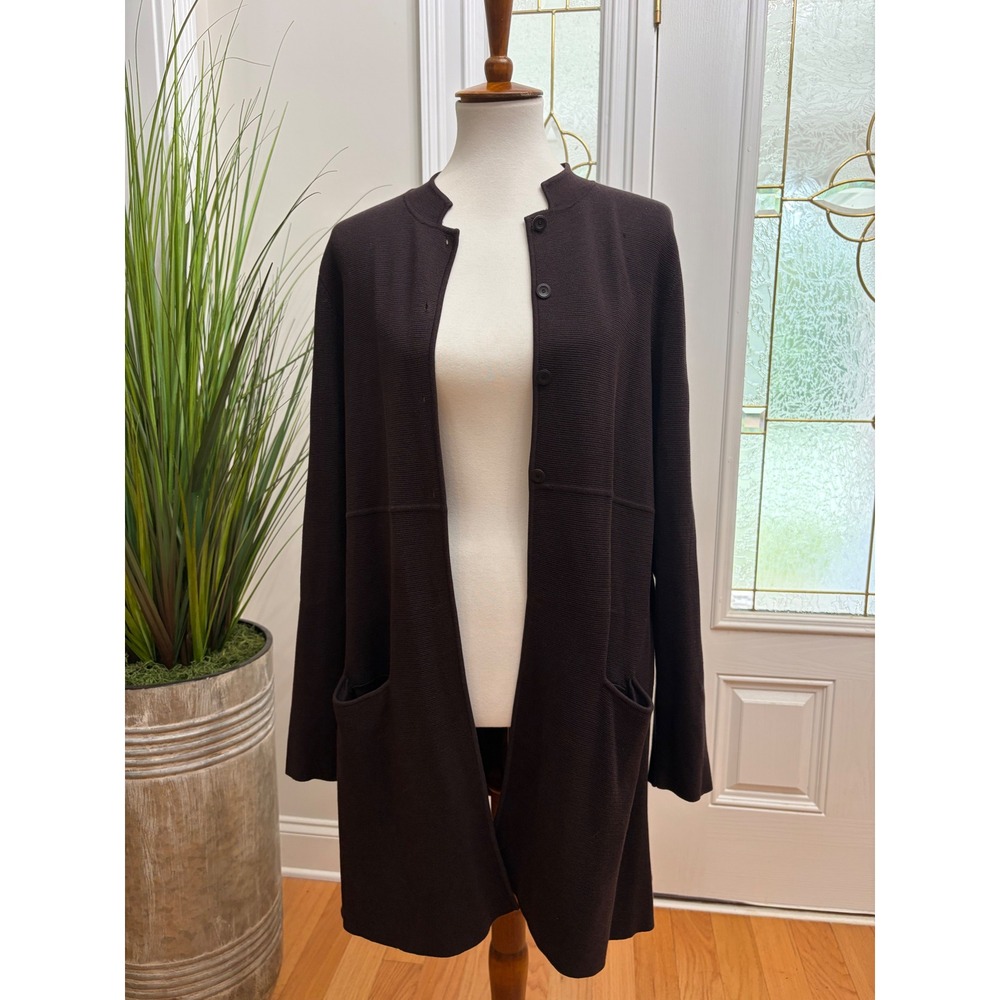 Eileen Fisher Brown Silk Cotton Long Cardigan Sweater Mock Neck Large Longline